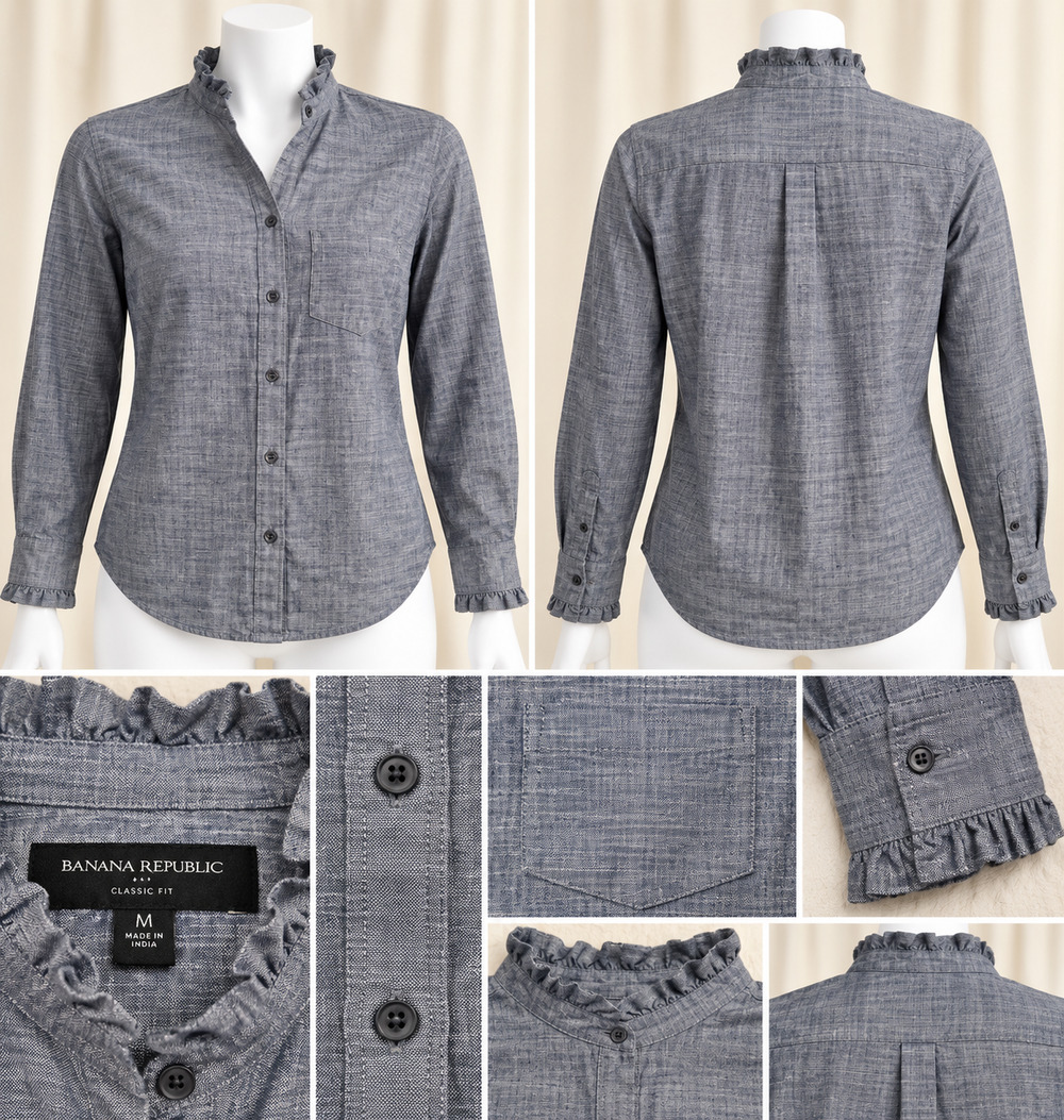 Banana Republic Size M Ruffle Collar Chambray Shirt Preppy Romantic Academia